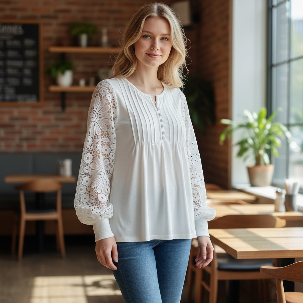 White Floral Crochet Lace Sleeve Pleated Button Front Blouse Small Acetate Top